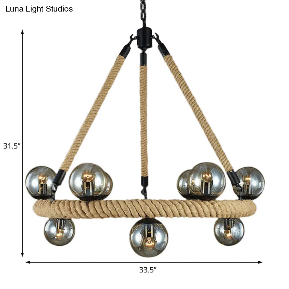 Industrial Black Metal Chandelier Light - Modern 9 Bulbs Ring Fixture With Gray Glass Globe Shade