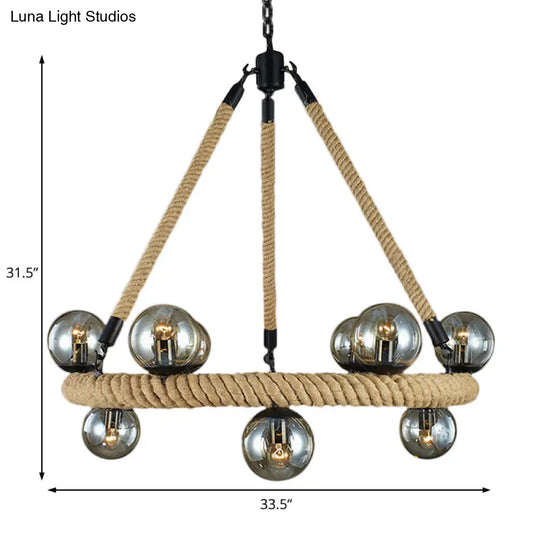 Industrial Black Metal Chandelier Light - Modern 9 Bulbs Ring Fixture With Gray Glass Globe Shade