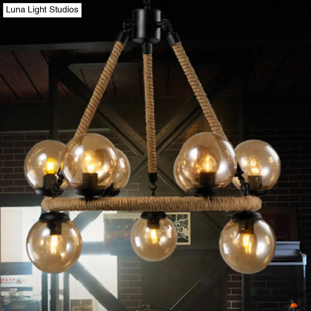 Industrial Black Metal Chandelier Light - Modern 9 Bulbs Ring Fixture With Gray Glass Globe Shade