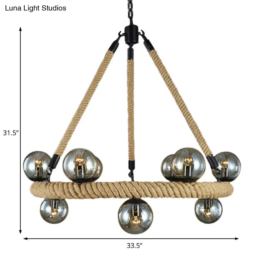 Industrial Black Metal 9-Bulb Ring Chandelier With Gray Glass Globe Shade