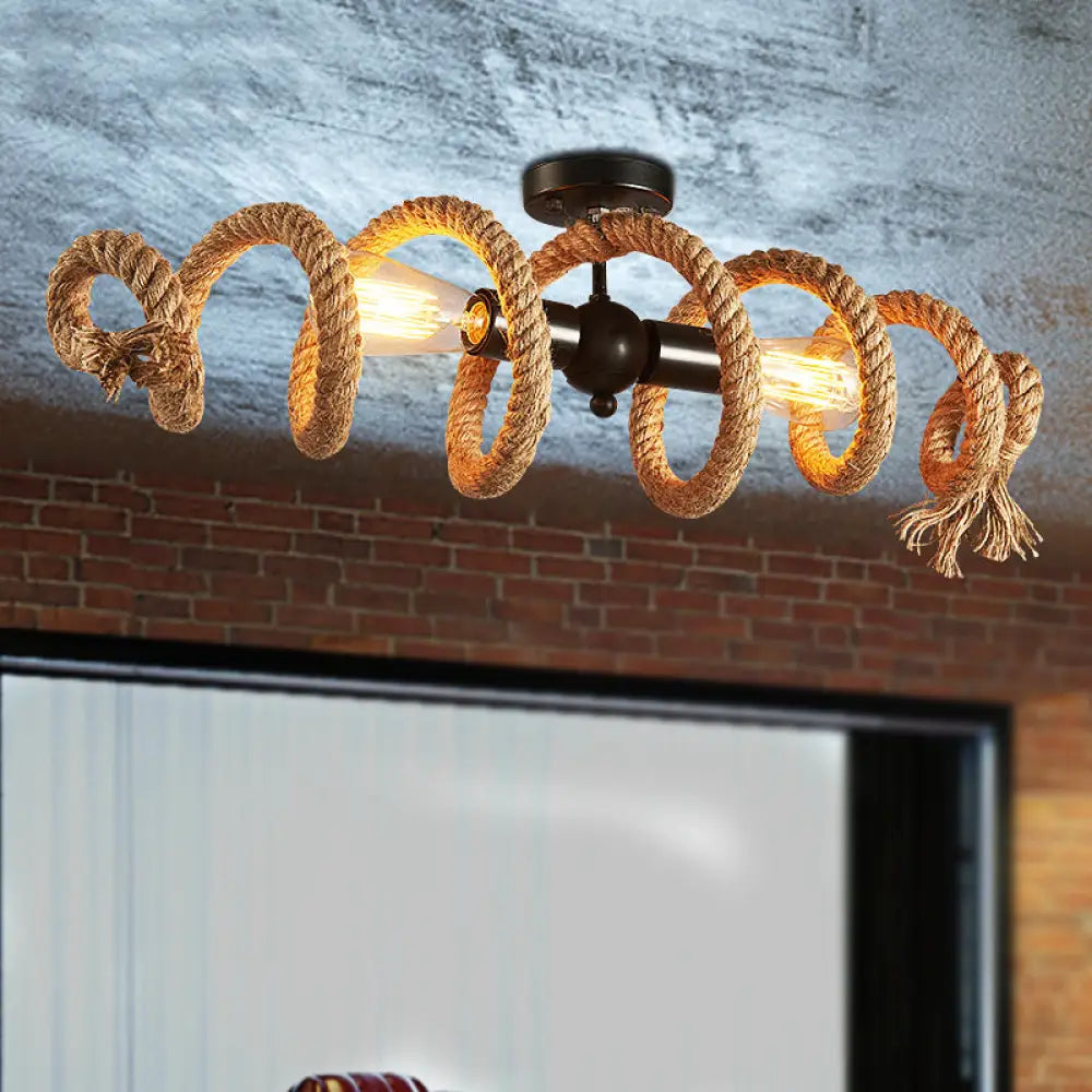 Industrial Black Metal And Hemp Rope Semi Flush Mount Ceiling Light With Swirl Design
