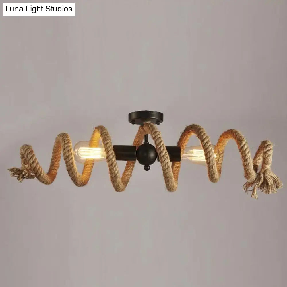 Industrial Black Metal And Hemp Rope Semi Flush Mount Ceiling Light With Swirl Design