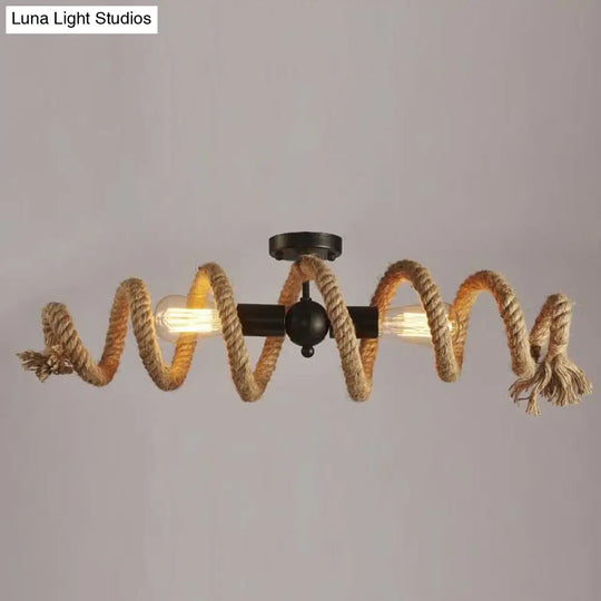 Industrial Black Metal And Hemp Rope Semi Flush Mount Ceiling Light With Swirl Design