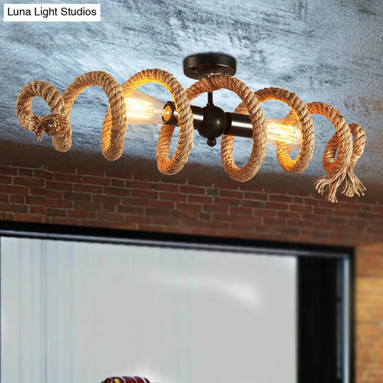 Industrial Black Metal And Hemp Rope Semi Flush Mount Ceiling Light With Swirl Design