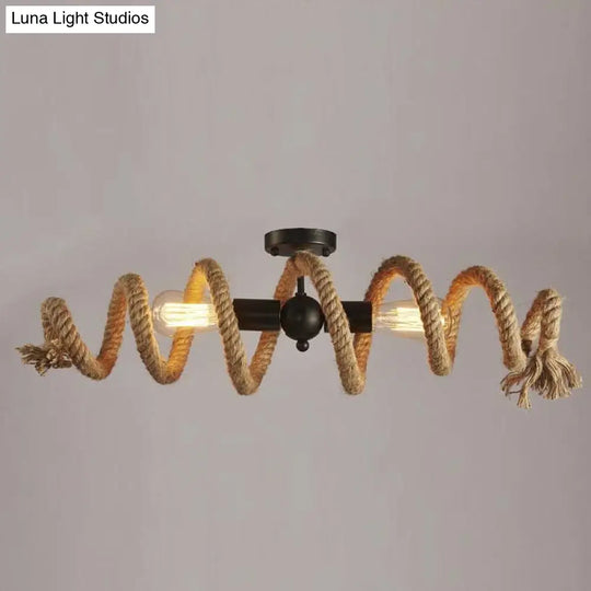 Industrial Black Metal And Hemp Rope Semi Flush Mount Ceiling Light With Swirl Design