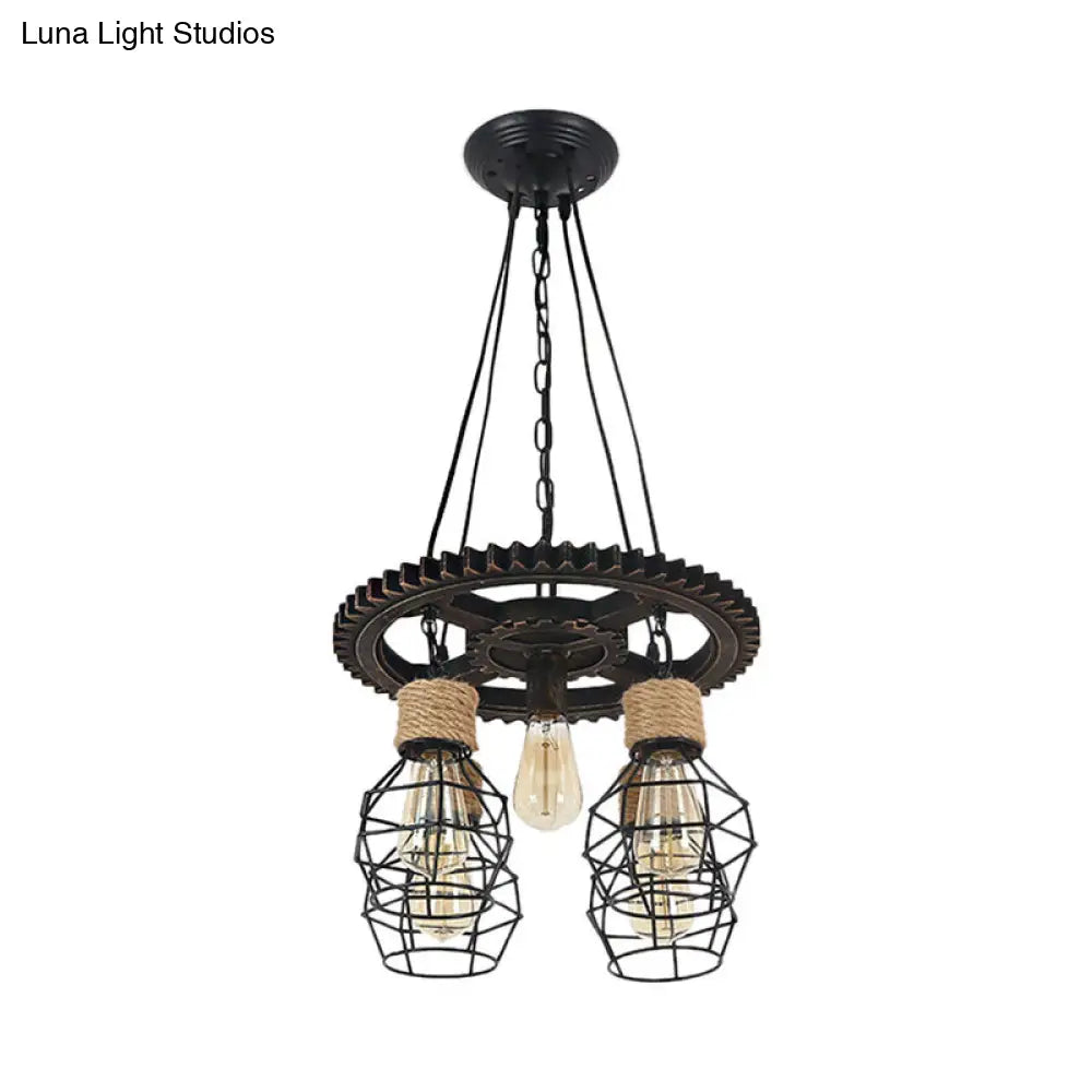 Industrial Black Metal And Rope Pendant Chandelier - Stylish Dining Room Hanging Ceiling Fixture