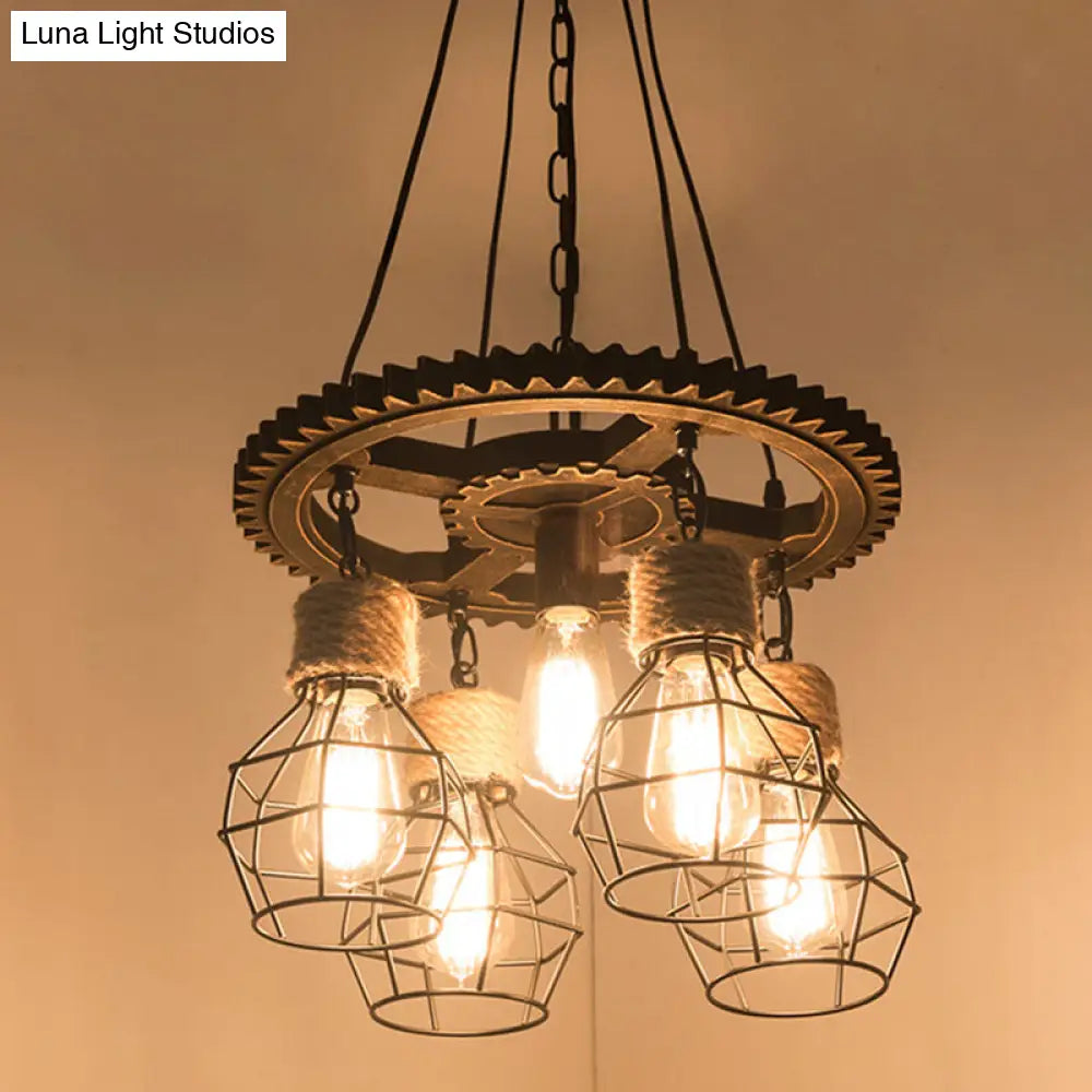 Industrial Black Metal And Rope Pendant Chandelier - Stylish Dining Room Hanging Ceiling Fixture