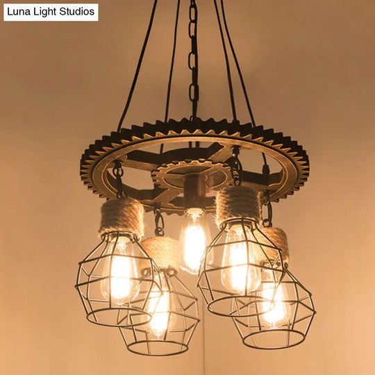 Industrial Black Metal And Rope Pendant Chandelier - Stylish Dining Room Hanging Ceiling Fixture