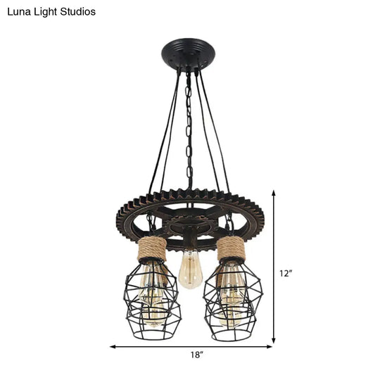 Industrial Black Metal And Rope Pendant Chandelier - Stylish Dining Room Hanging Ceiling Fixture