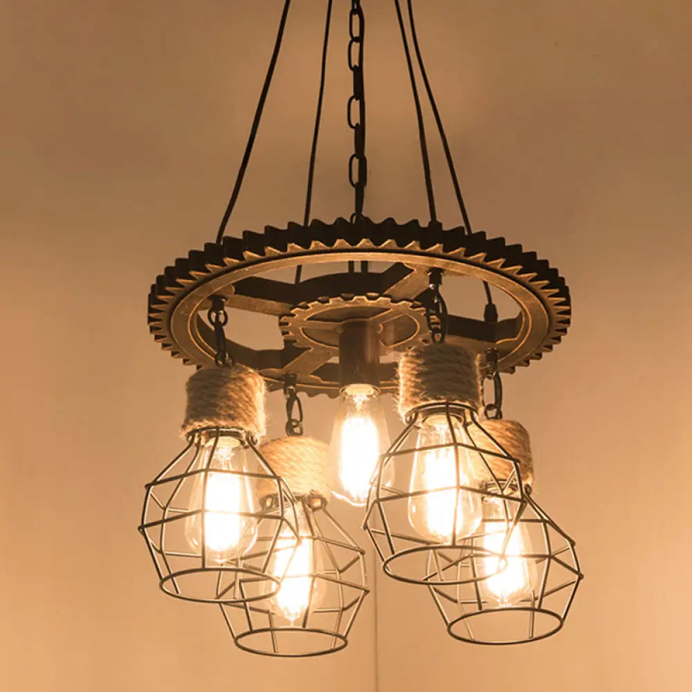 Industrial Black Metal And Rope Pendant Chandelier With Gear Shelf - 5-Light Globe Design For