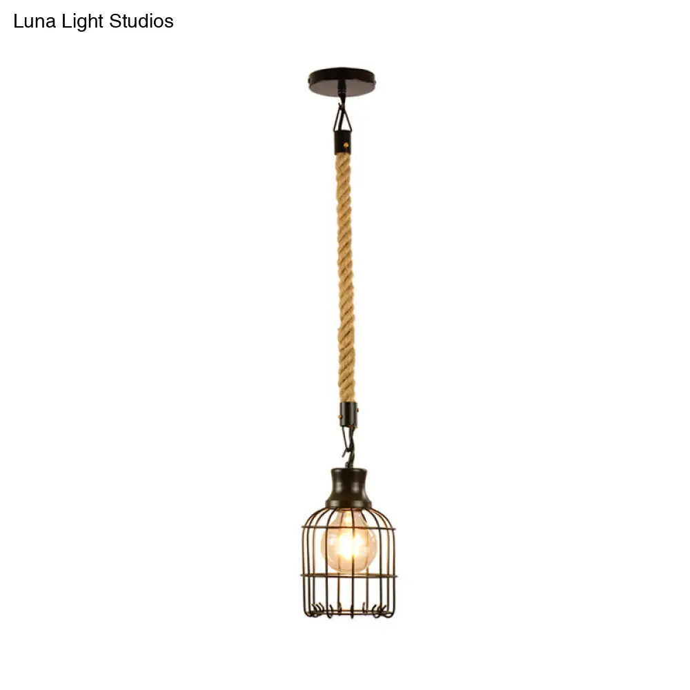 Industrial Black Metal Bird Cage Pendant Lamp - 1-Light Ceiling Light For Table