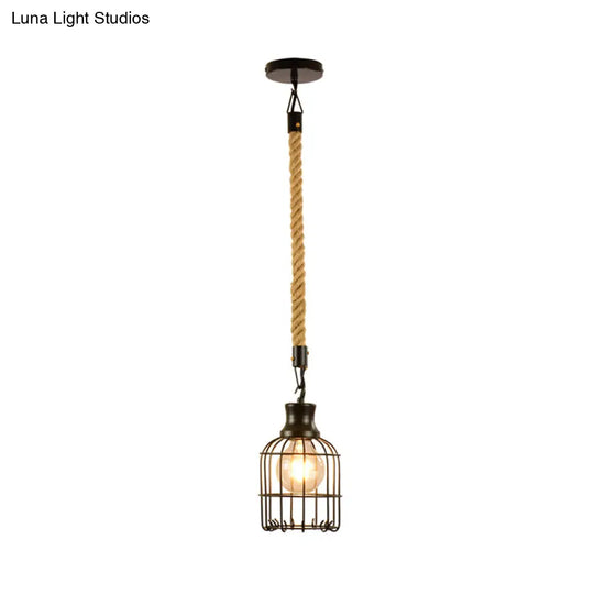 Industrial Black Metal Bird Cage Pendant Lamp - 1-Light Ceiling Light For Table