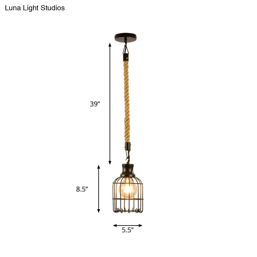 Industrial Black Metal Bird Cage Pendant Lamp - 1-Light Ceiling Light For Table