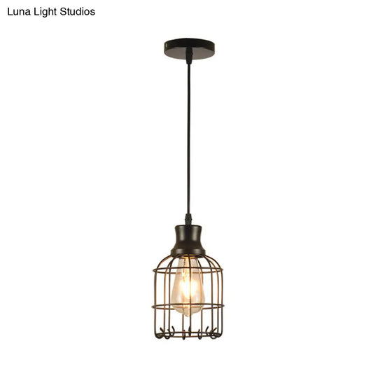 Industrial Metal Bird Cage Pendant Lamp - Black 1-Light Ceiling For Table