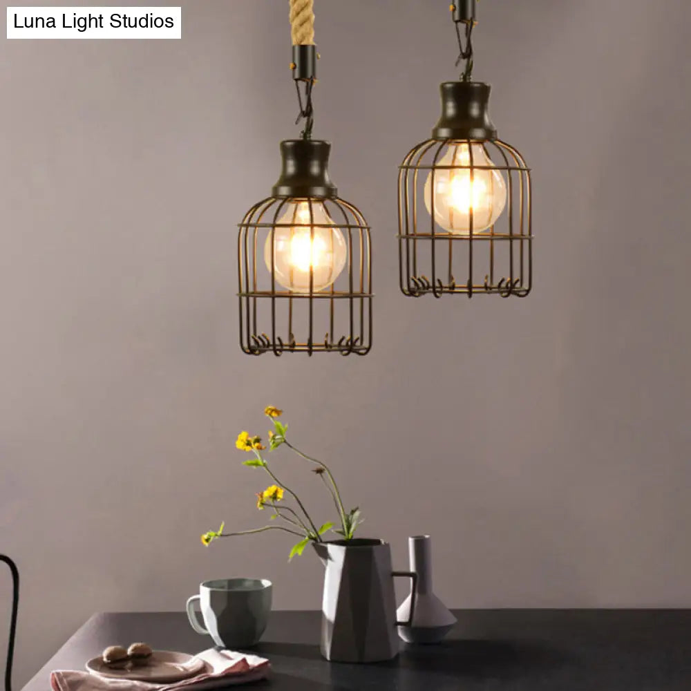 Industrial Black Metal Bird Cage Pendant Lamp - 1-Light Ceiling Light For Table