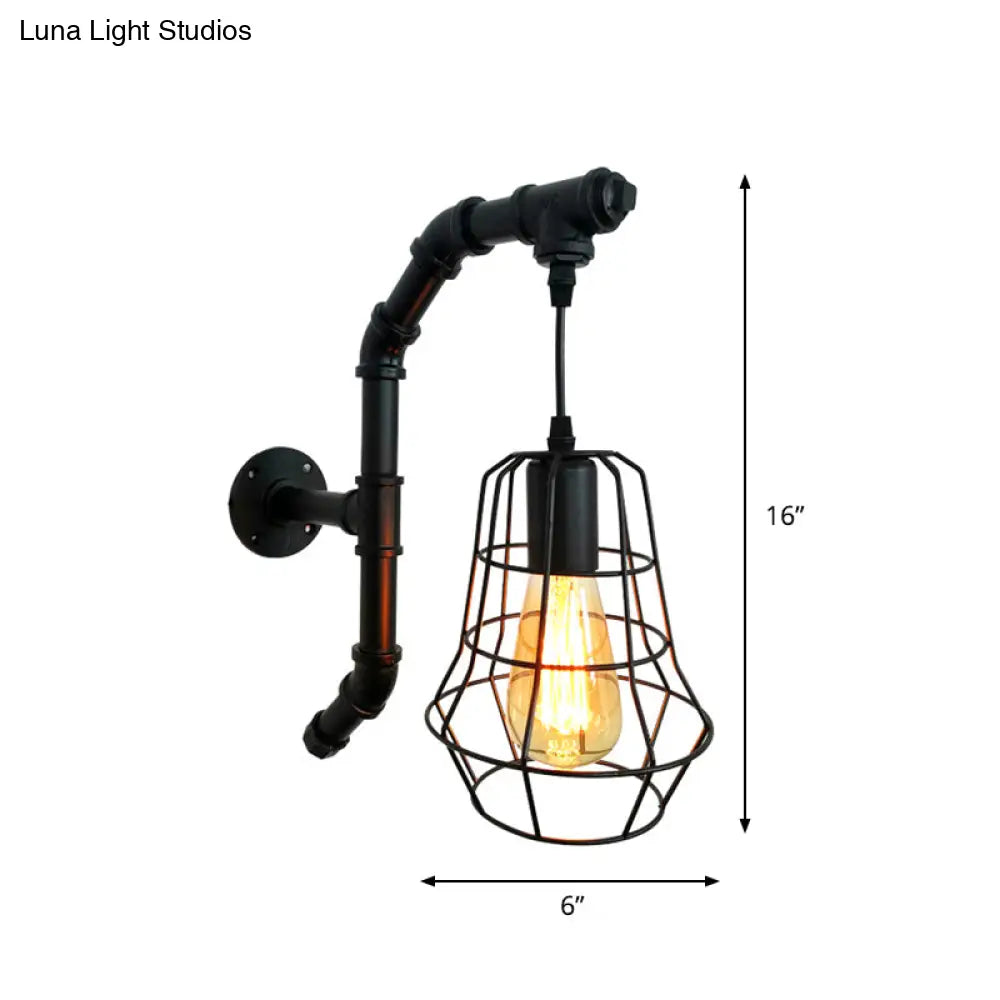 Industrial Black Metal Cage Sconce Light - 1-Light Wall Fixture For Bedroom