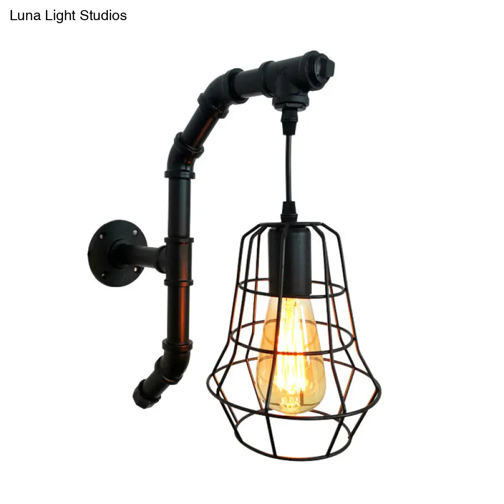 Industrial Black Metal Cage Sconce Light - 1-Light Wall Fixture For Bedroom