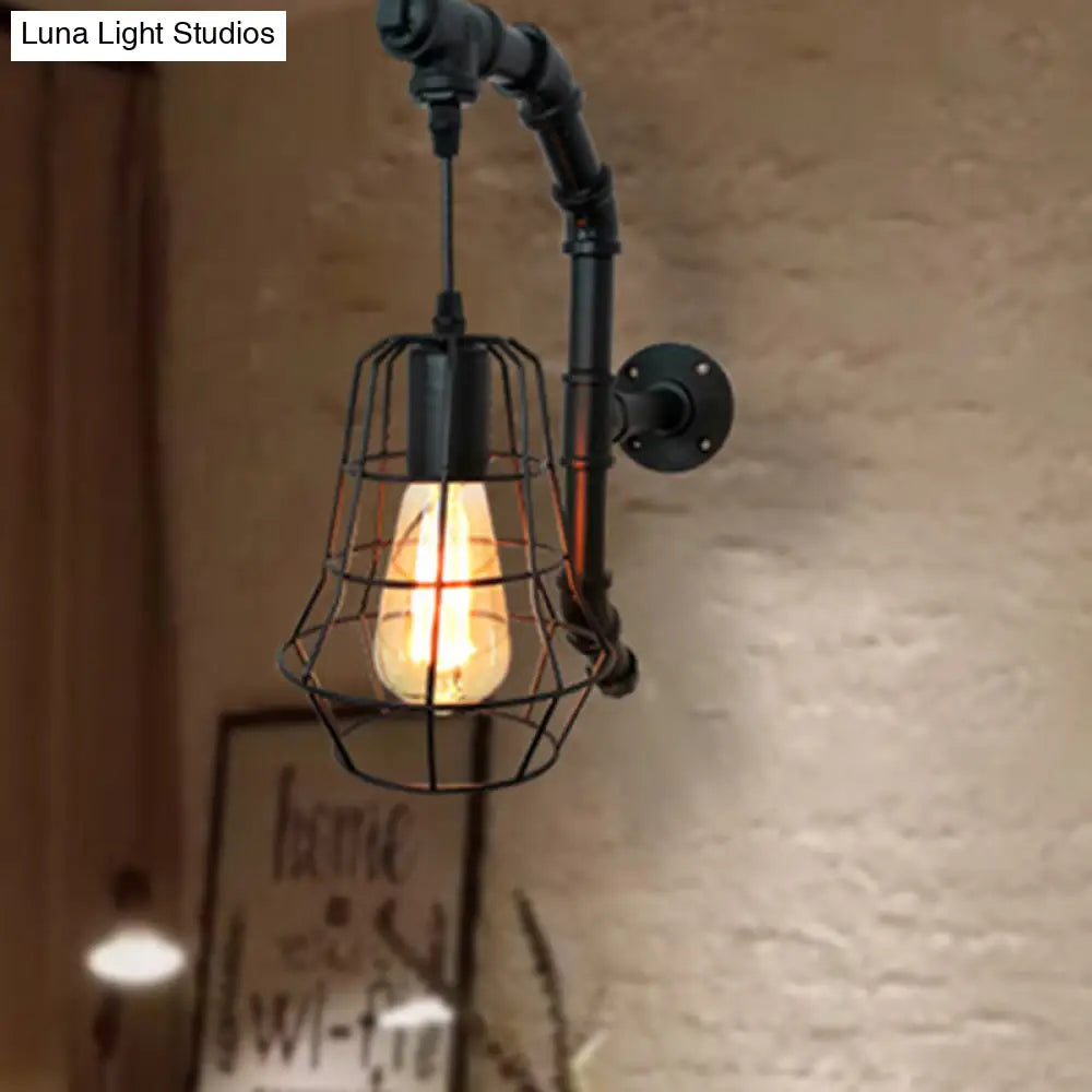 Industrial Black Metal Cage Sconce Light - 1-Light Wall Fixture For Bedroom