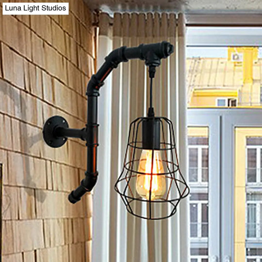 Industrial Black Metal Cage Sconce Light - 1-Light Wall Fixture For Bedroom