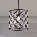 Industrial Black Metal Caged Pendant Lighting With Crystal Drop - Chandelier Lamp 1 /