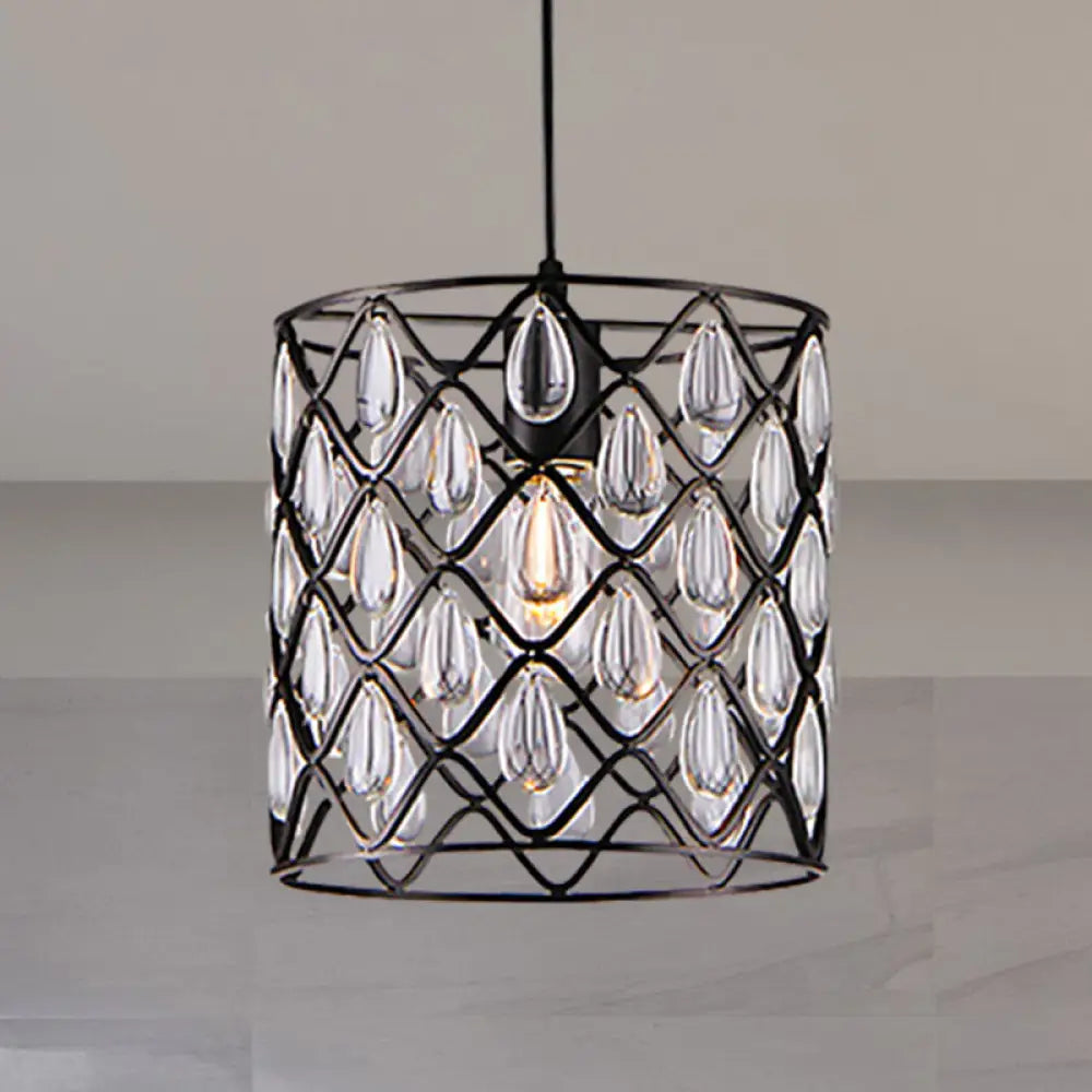 Industrial Black Metal Caged Pendant Lighting With Crystal Drop - Chandelier Lamp 1 /