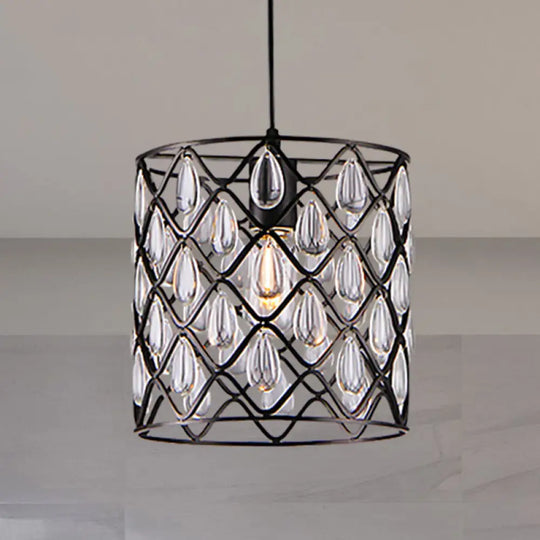 Industrial Black Metal Caged Pendant Lighting With Crystal Drop - Chandelier Lamp 1 /