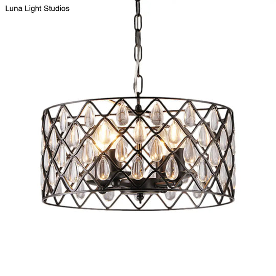 Industrial Black Metal Caged Pendant Lighting With Crystal Drop - Chandelier Lamp