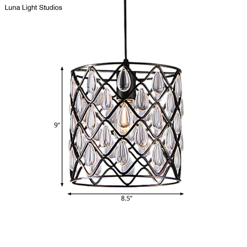 Industrial Black Metal Caged Pendant Lighting With Crystal Drop - Chandelier Lamp