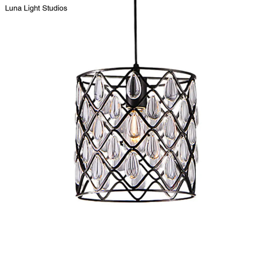 Industrial Black Chandelier With Crystal Drop And Metal Cage: 1/4/6 Pendant Lights