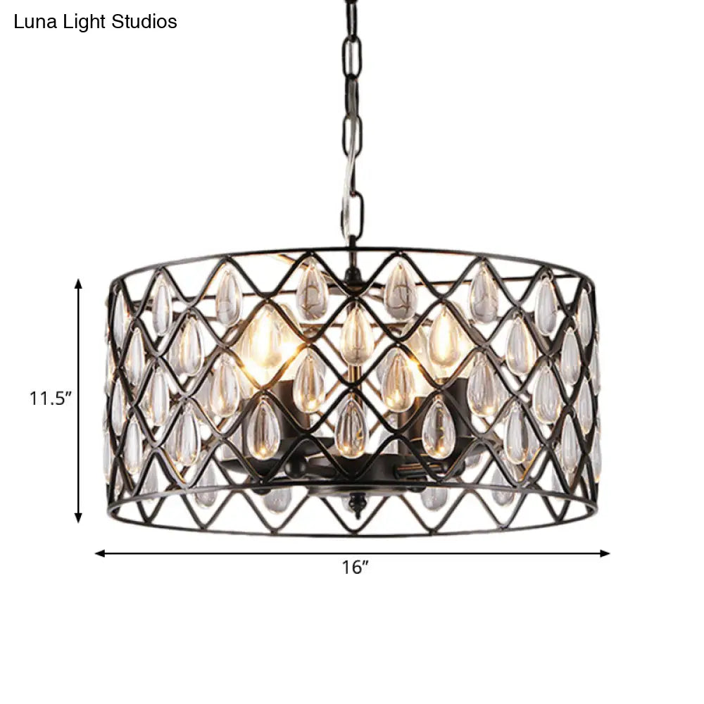 Industrial Black Chandelier With Crystal Drop And Metal Cage: 1/4/6 Pendant Lights