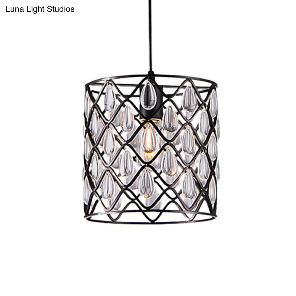 Industrial Black Metal Caged Pendant Lighting With Crystal Drop - Chandelier Lamp