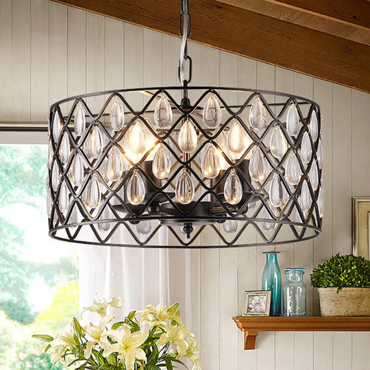 Industrial Black Metal Caged Pendant Lighting With Crystal Drop - Chandelier Lamp 4 /