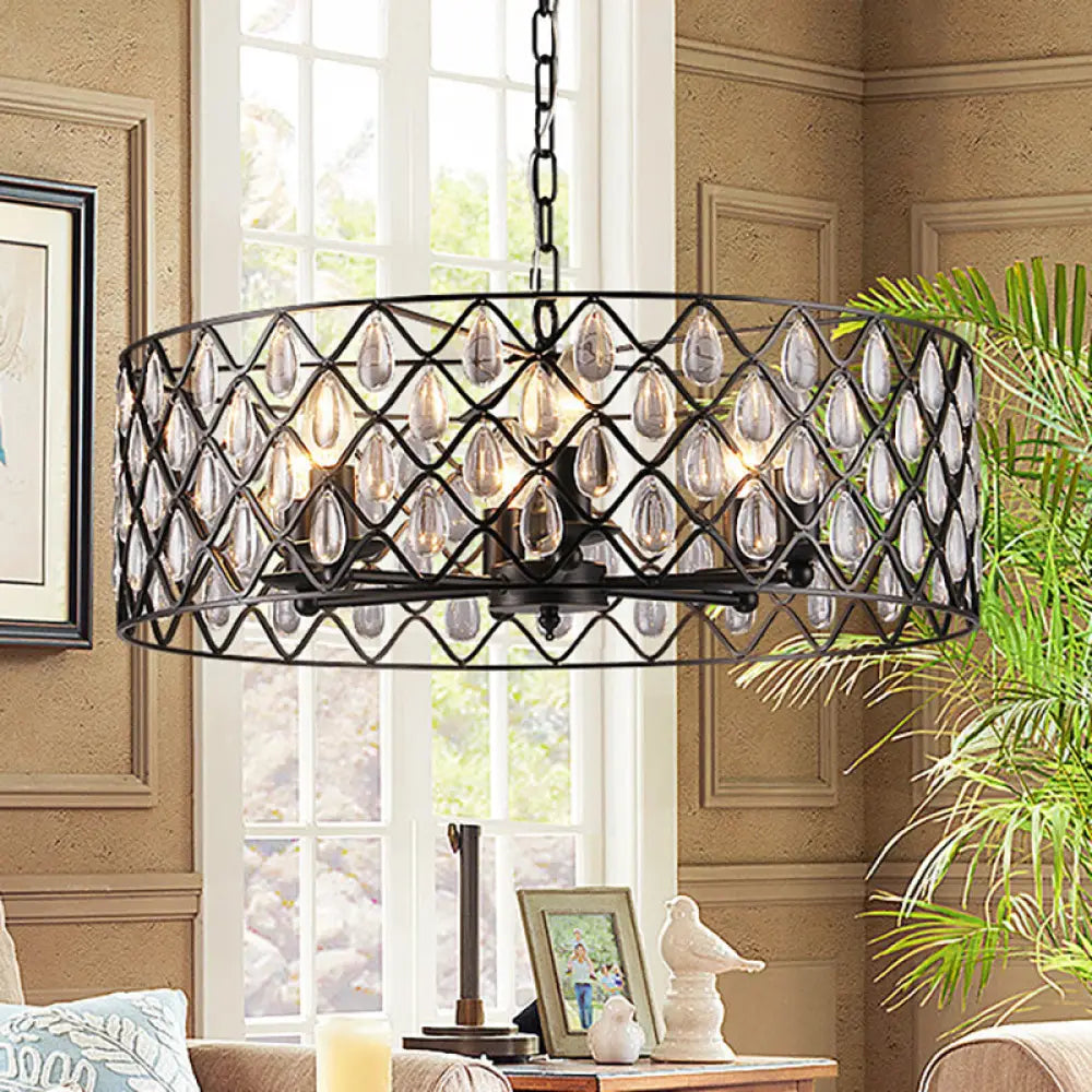 Industrial Black Metal Caged Pendant Lighting With Crystal Drop - Chandelier Lamp 6 /