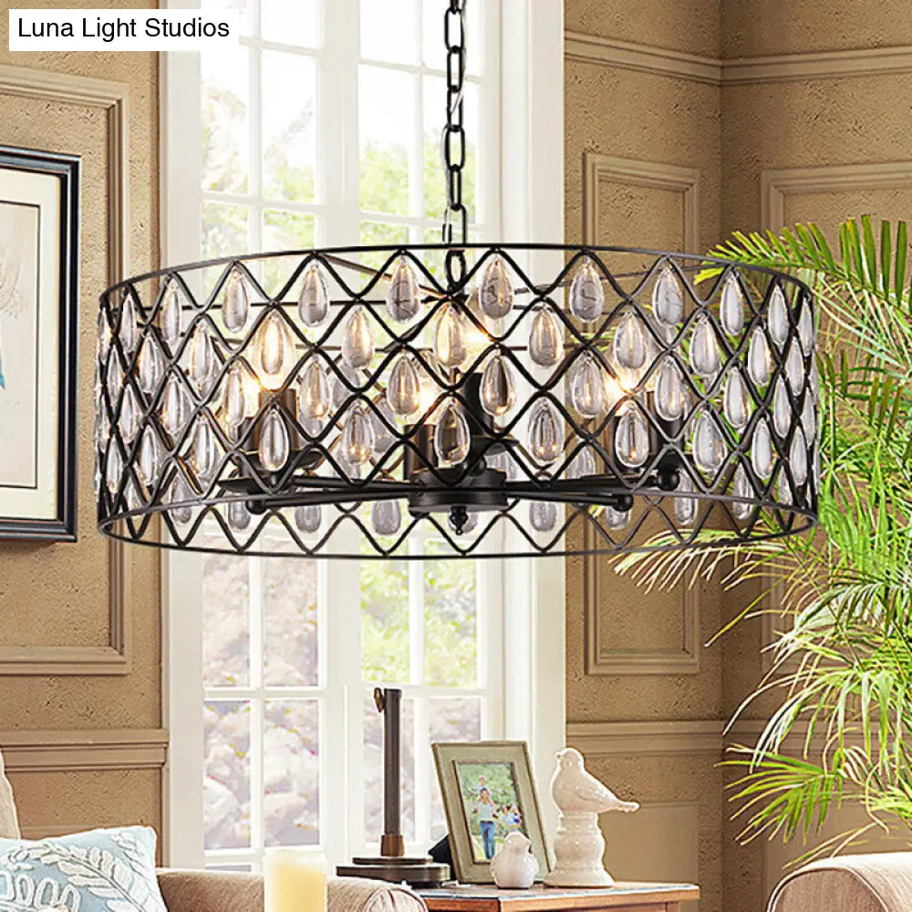 Industrial Black Chandelier With Crystal Drop And Metal Cage: 1/4/6 Pendant Lights 6 /