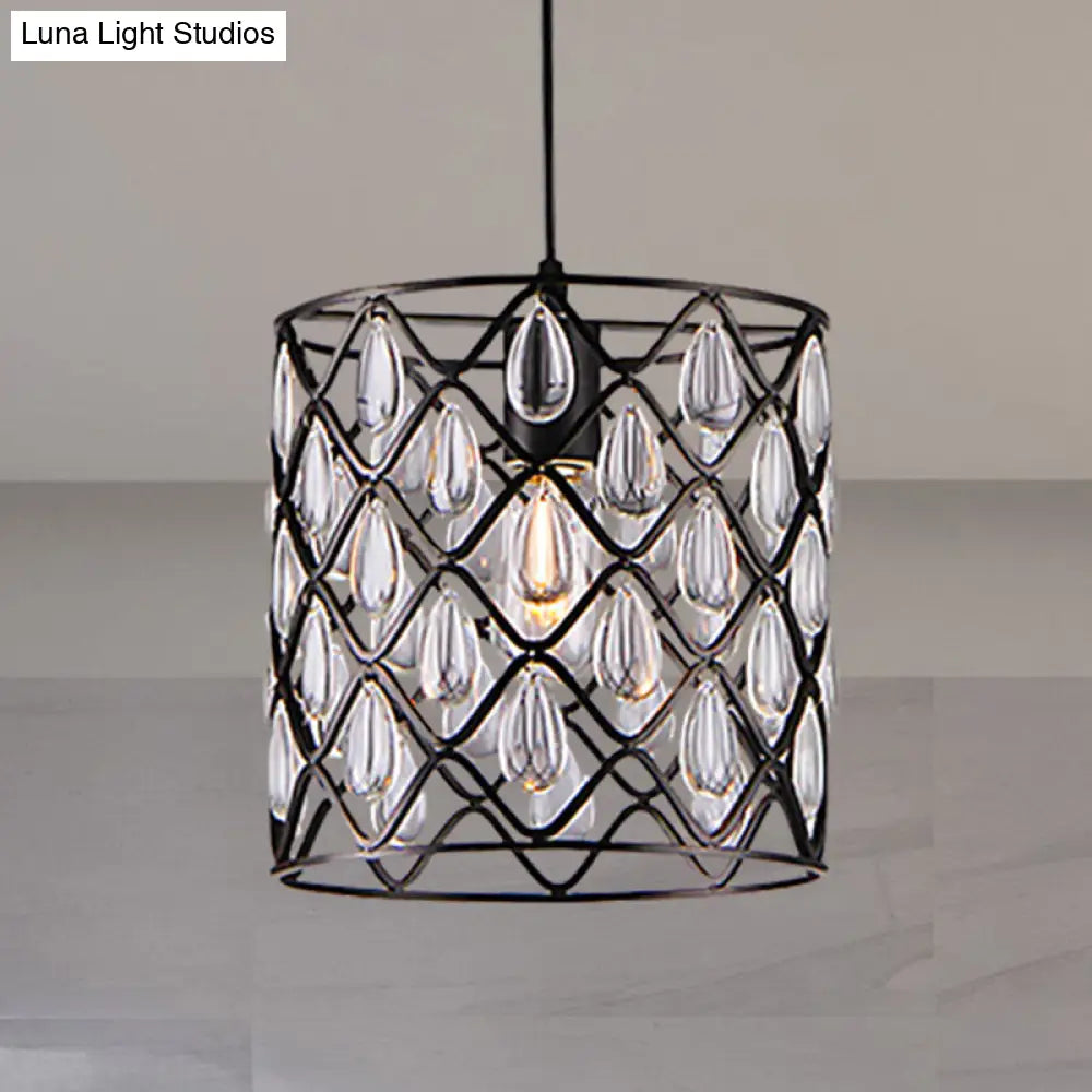 Industrial Black Chandelier With Crystal Drop And Metal Cage: 1/4/6 Pendant Lights 1 /