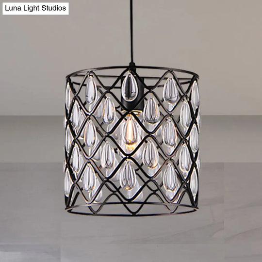 Industrial Black Chandelier With Crystal Drop And Metal Cage: 1/4/6 Pendant Lights 1 /