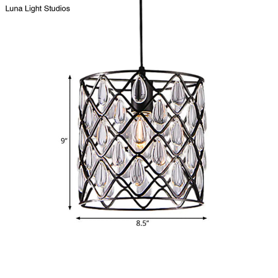 Industrial Black Chandelier With Crystal Drop And Metal Cage: 1/4/6 Pendant Lights