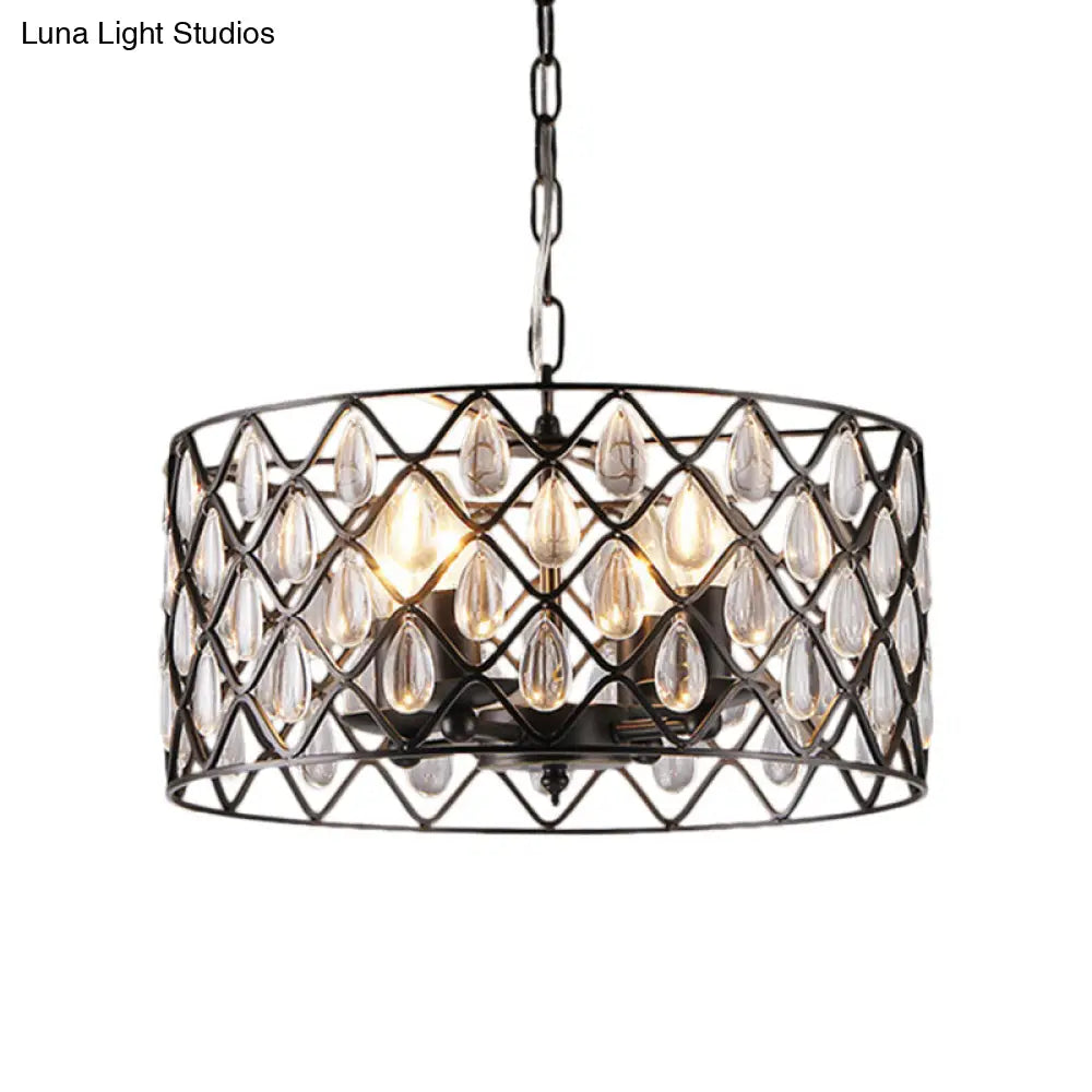 Industrial Black Chandelier With Crystal Drop And Metal Cage: 1/4/6 Pendant Lights