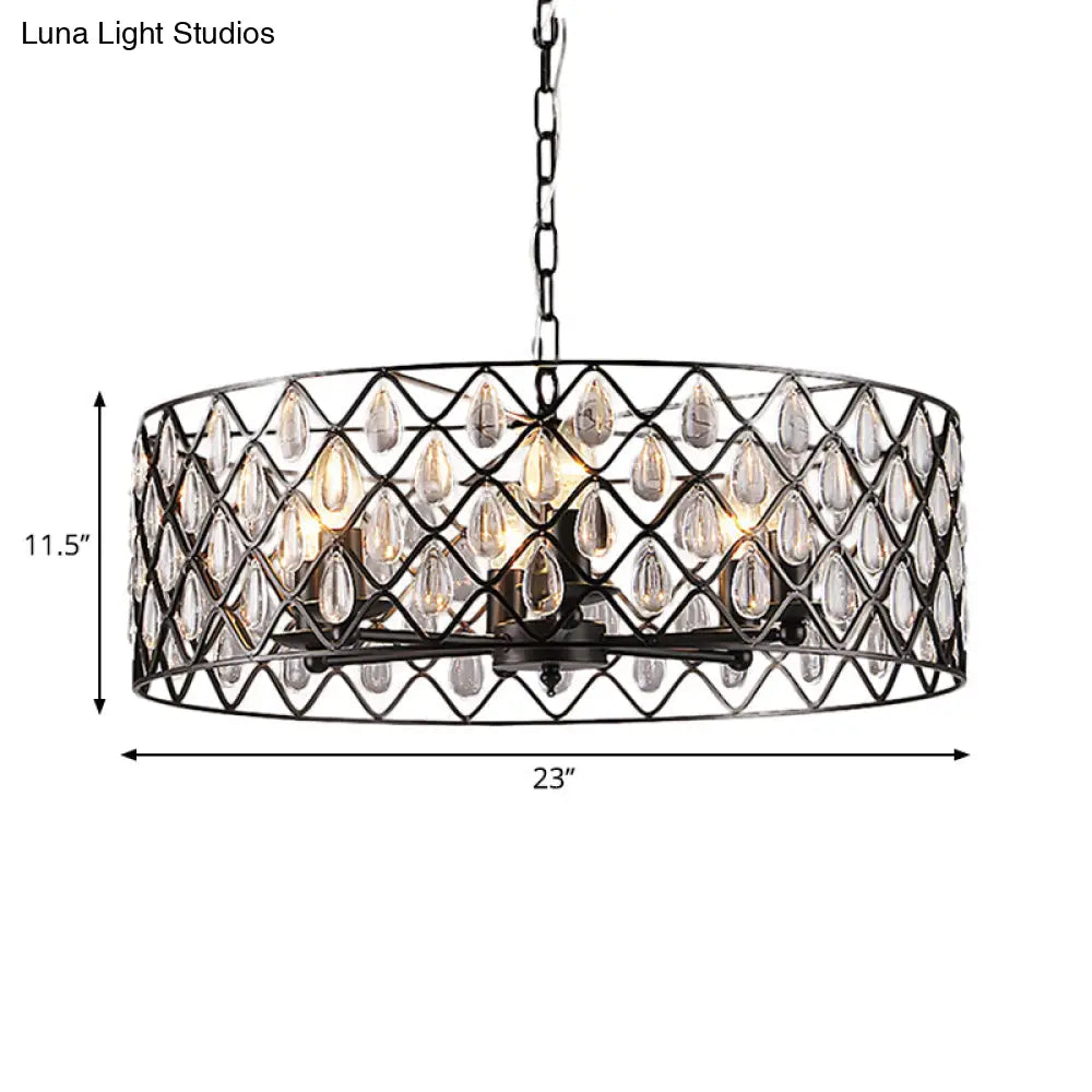 Industrial Black Metal Caged Pendant Lighting With Crystal Drop - Chandelier Lamp