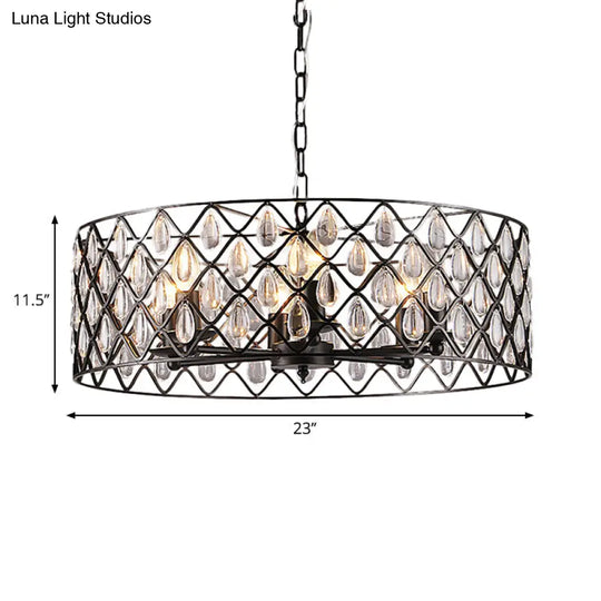 Industrial Black Metal Caged Pendant Lighting With Crystal Drop - Chandelier Lamp