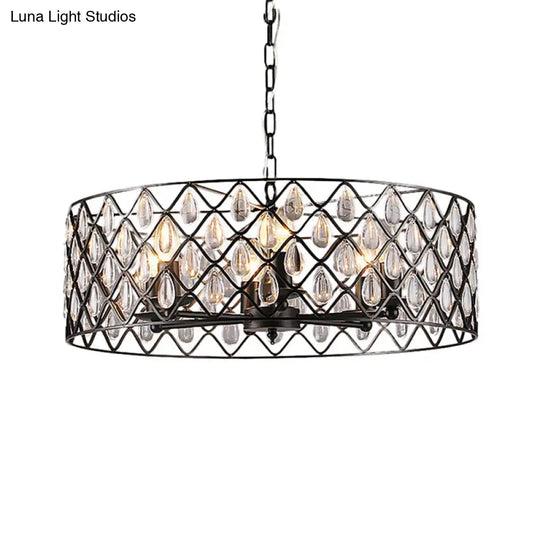 Industrial Black Chandelier With Crystal Drop And Metal Cage: 1/4/6 Pendant Lights