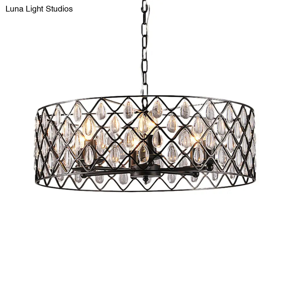 Industrial Black Metal Caged Pendant Lighting With Crystal Drop - Chandelier Lamp