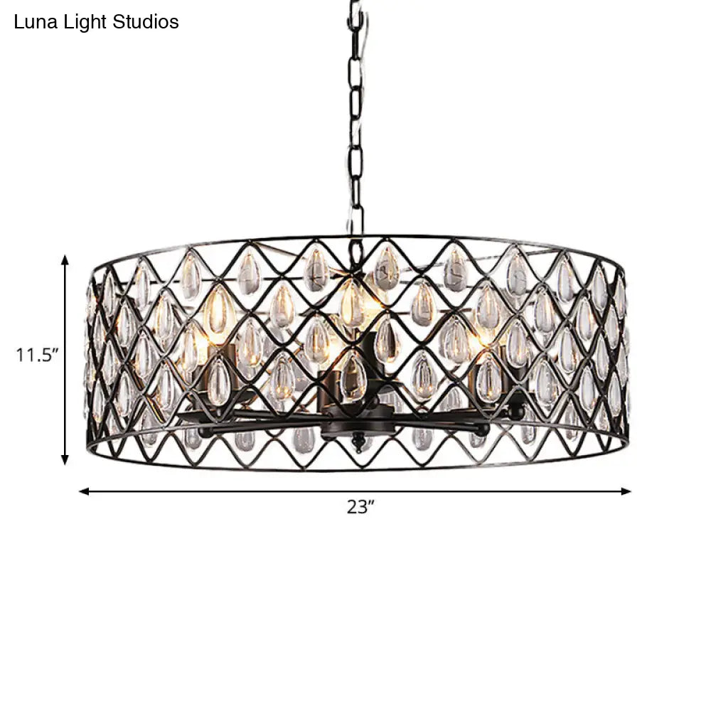 Industrial Black Chandelier With Crystal Drop And Metal Cage: 1/4/6 Pendant Lights