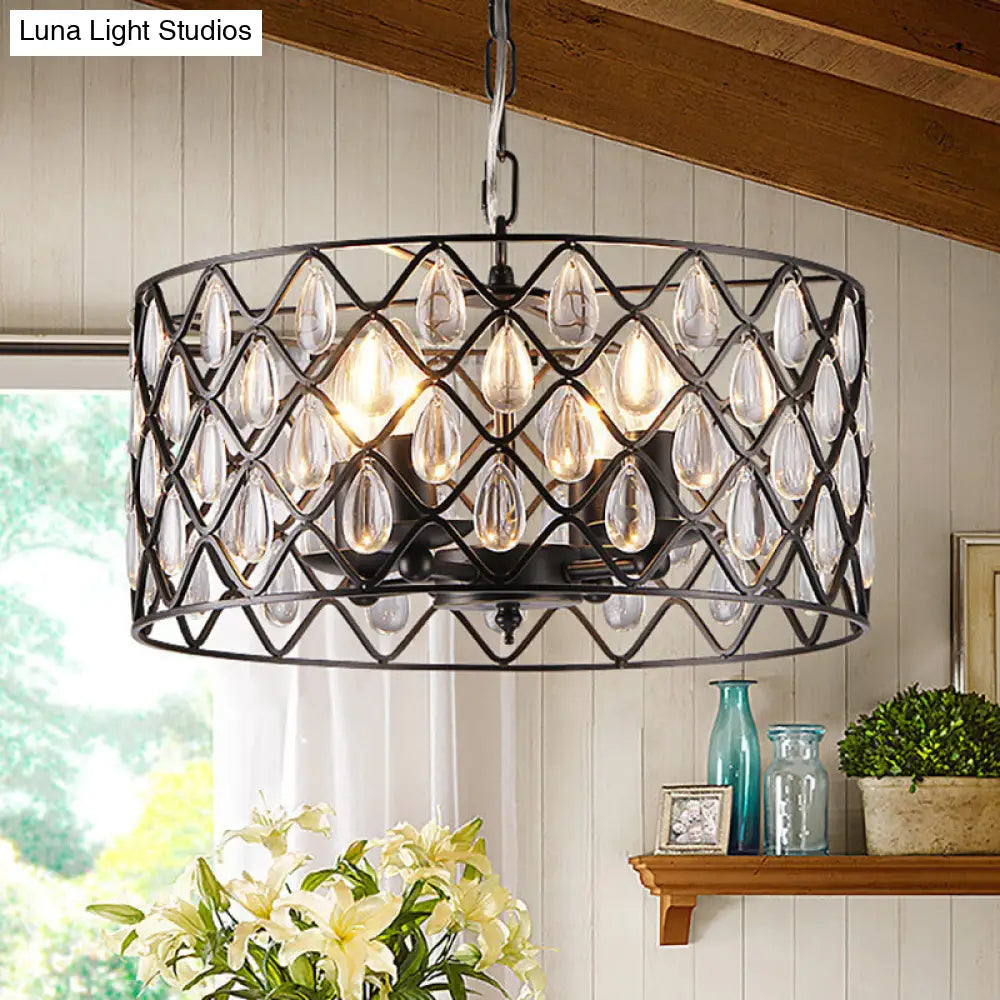 Industrial Black Chandelier With Crystal Drop And Metal Cage: 1/4/6 Pendant Lights 4 /