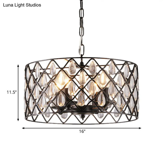 Industrial Black Metal Caged Pendant Lighting With Crystal Drop - Chandelier Lamp