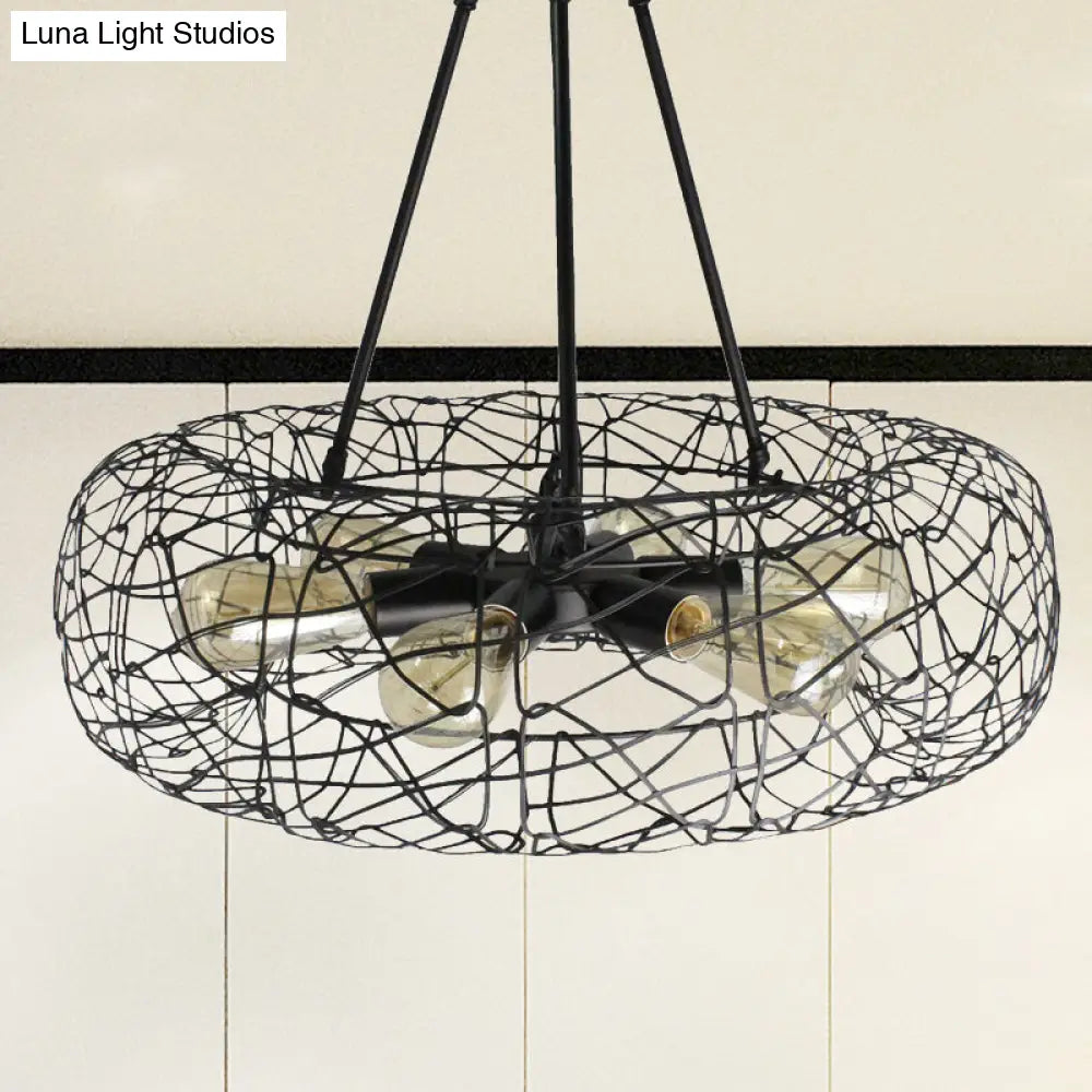 Mesh Screen Drum Ceiling Light Fixture: Industrial Black Metal Chandelier Lamp (6 Lights)