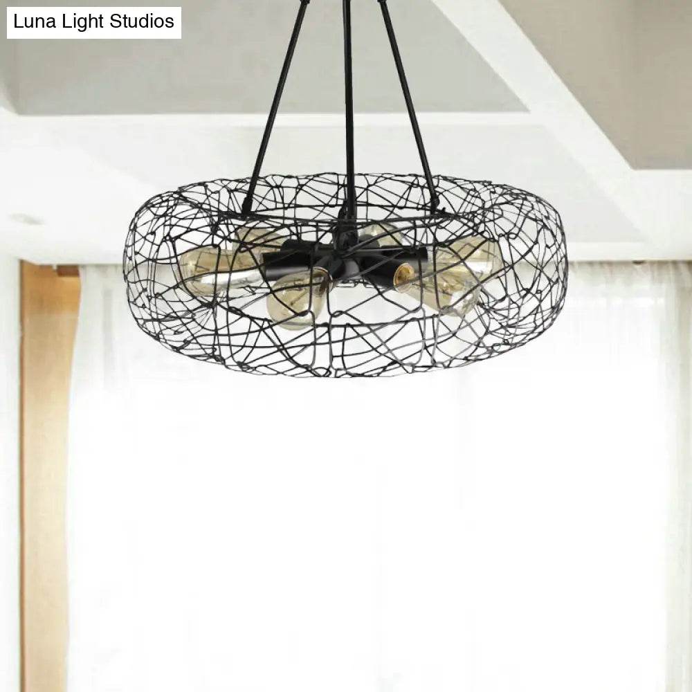 Mesh Screen Drum Ceiling Light Fixture: Industrial Black Metal Chandelier Lamp (6 Lights)