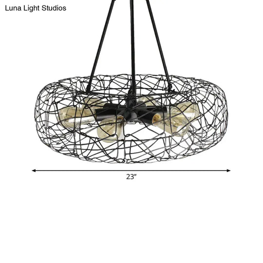 Mesh Screen Drum Ceiling Light Fixture: Industrial Black Metal Chandelier Lamp (6 Lights)