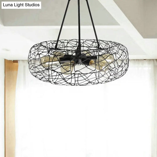 Industrial Black Metal Ceiling Chandelier With 6-Light Drum Fixture And Mesh Screen