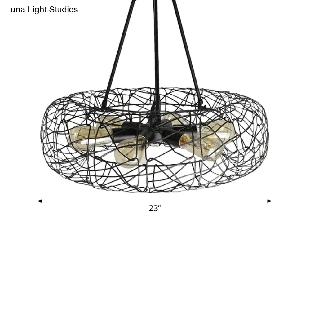 Industrial Black Metal Ceiling Chandelier With 6-Light Drum Fixture And Mesh Screen